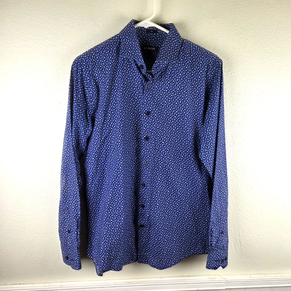 Express Men's Slim Fit Blue White Micro Floral Button Down Shirt S 14-14.5